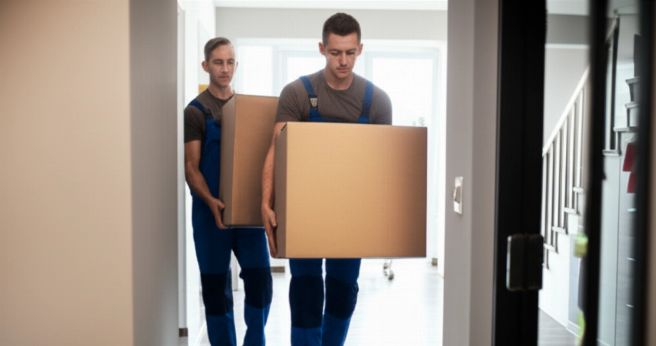 Mudanzas profesionales caucásicos transportando una caja en el pasillo de un apartamento.