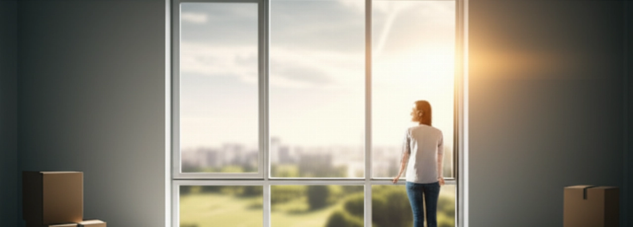 Mujer caucásica en un nuevo apartamento luminoso con cajas, mirando por la ventana.