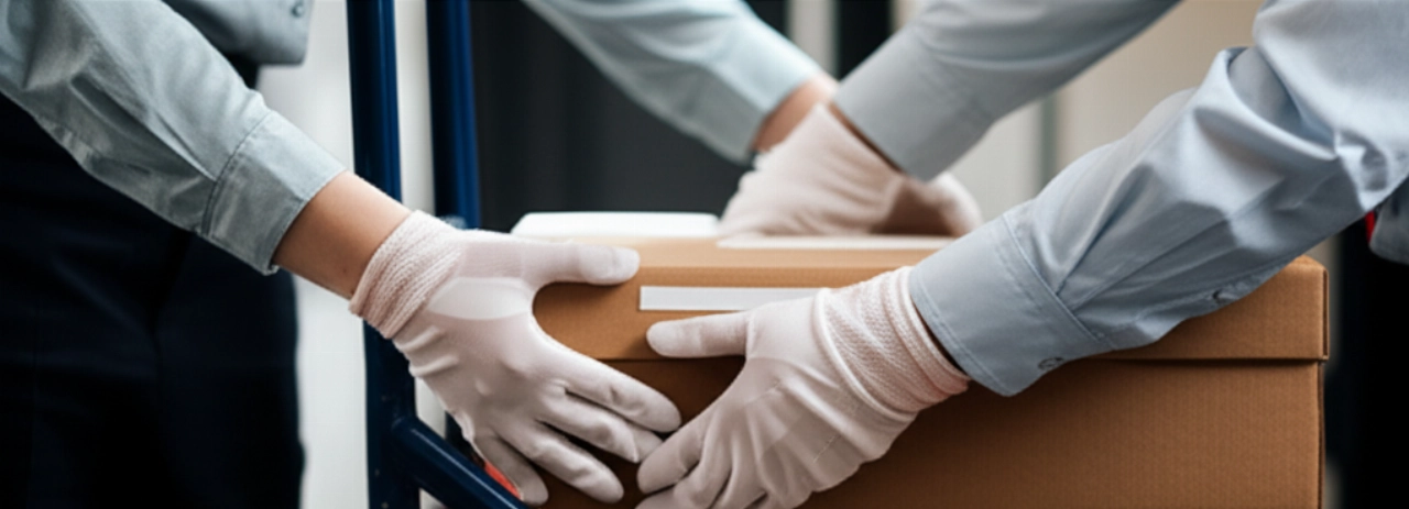 Primer plano hiperrealista de profesionales caucásicos manipulando cuidadosamente cajas de archivo etiquetadas, enfatizando la precisión y la seguridad durante la reubicación.
