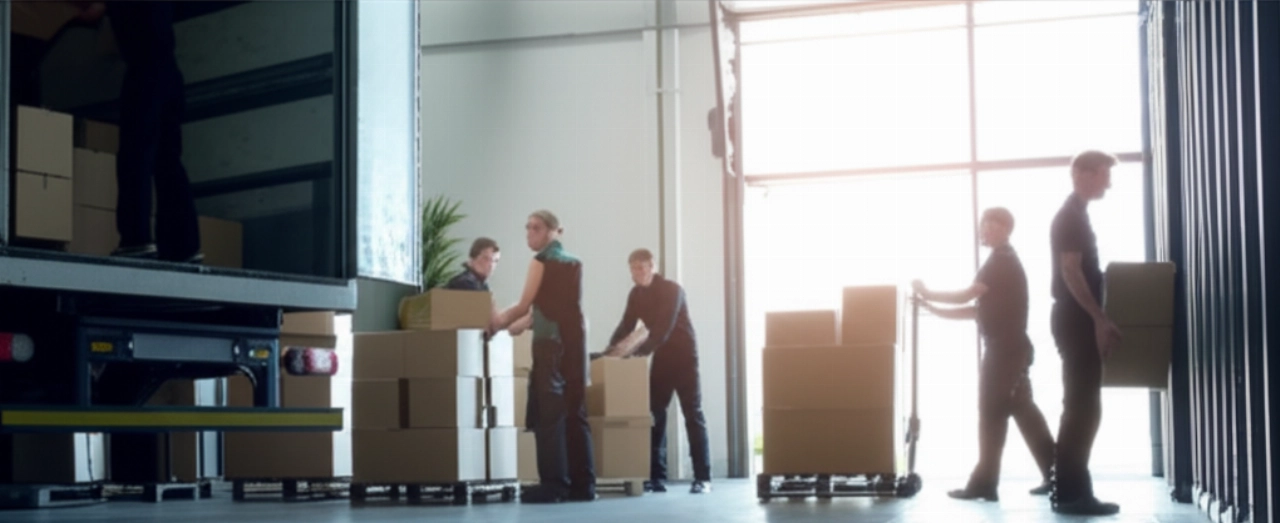 Imagen hiperrealista de una reubicación eficiente de cajas de archivo desde un camión a una nueva y moderna instalación, con profesionales descargando y organizando.