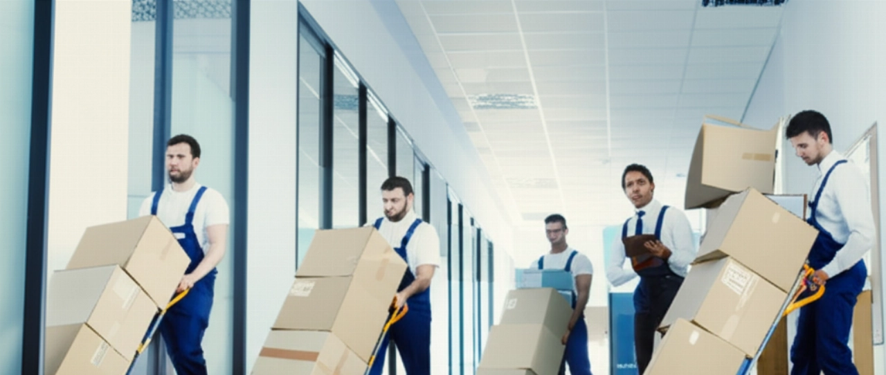 Profesionales caucásicos gestionan cuidadosamente una reubicación de negocios organizada, transportando cajas y equipos en un pasillo de oficina.