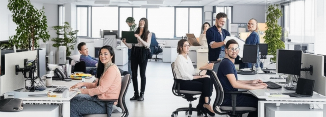 Empleados caucásicos satisfechos trabajan en una nueva y moderna oficina corporativa, simbolizando una reubicación exitosa y nueva productividad.