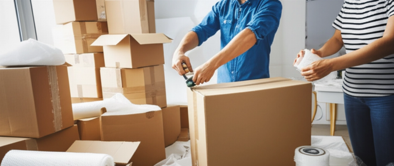 Dos personas caucásicas empacando diligentemente cajas de mudanza para una reubicación en un apartamento bien iluminado.