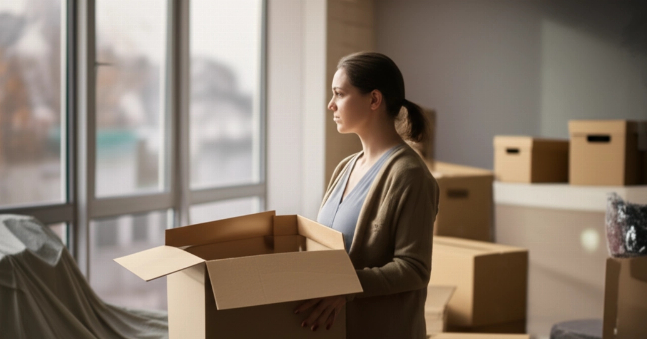 Mujer caucásica en una casa nueva parcialmente desempacada, con cajas de mudanza, reflexionando sobre el proceso.