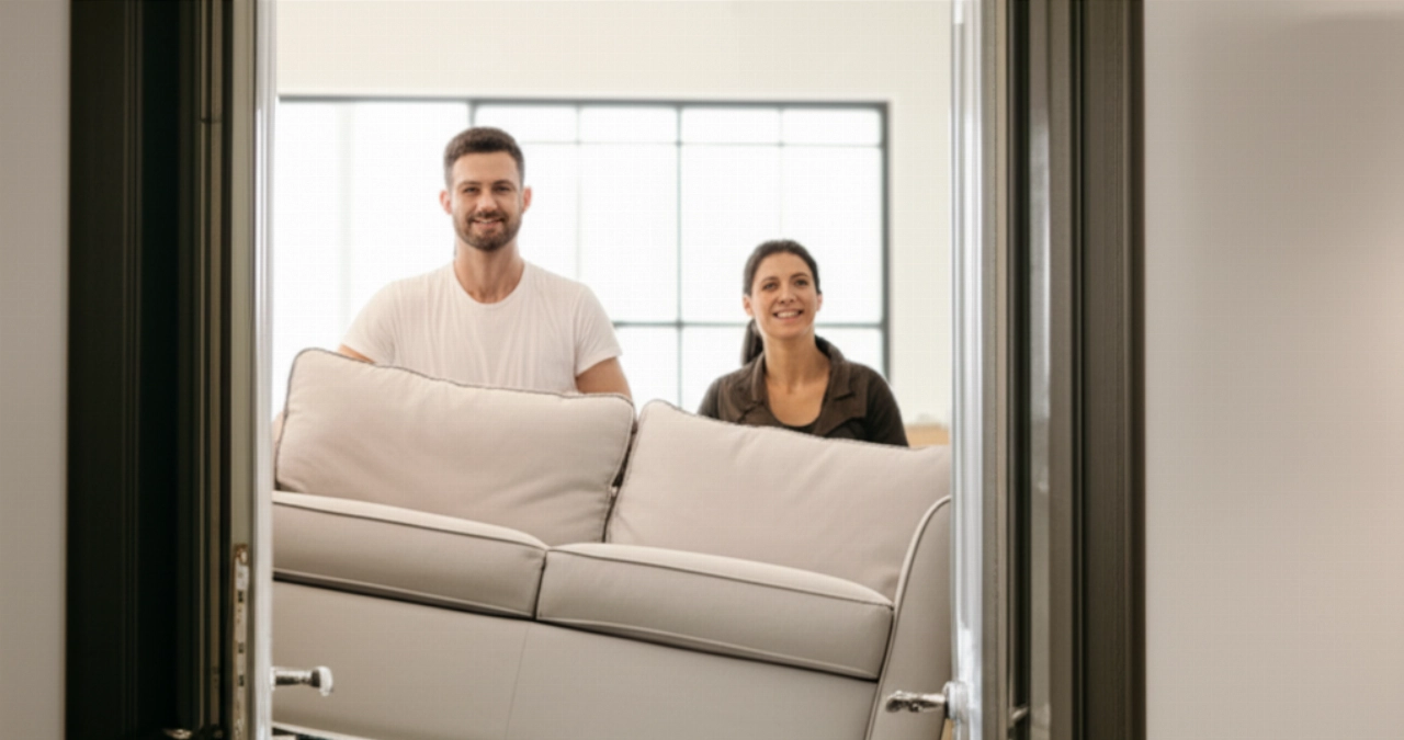 Feliz pareja caucásica transportando un sofá a través de la puerta de su nuevo hogar, destacando la facilidad y el trabajo en equipo durante una mudanza.