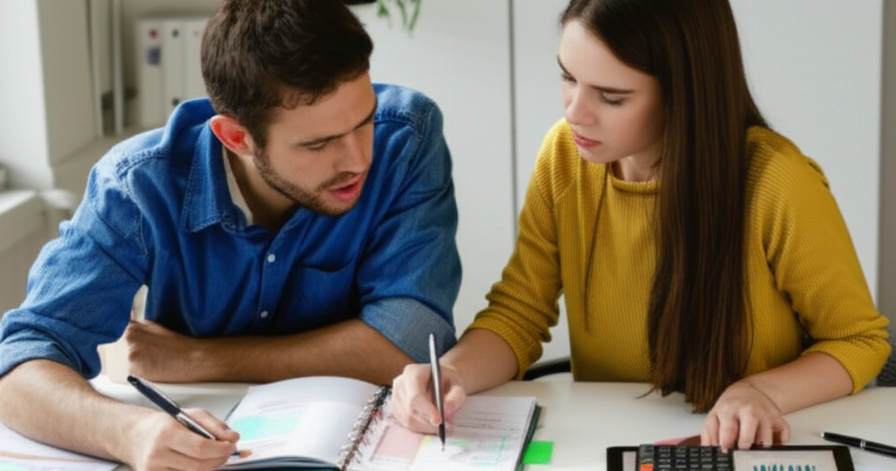Dos individuos caucásicos colaboran intensamente en un plan financiero para una mudanza, sentados en un escritorio con calculadora, tableta y documentos.