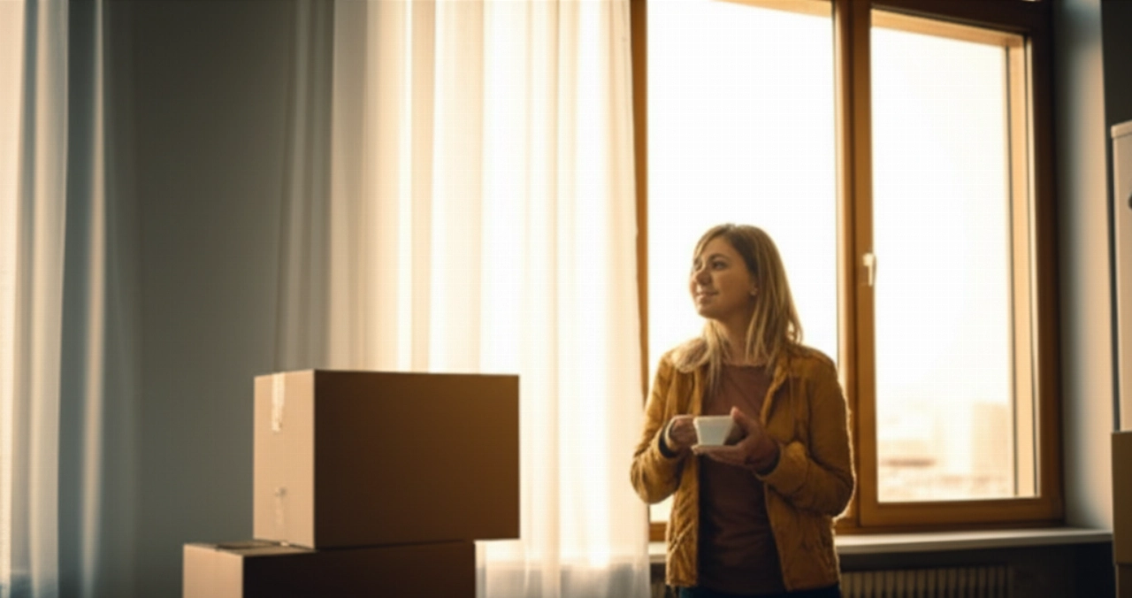 Una mujer caucásica sonriente y relajada en una nueva sala de estar, con algunas cajas de mudanza al fondo, disfrutando de un café bajo el sol de la mañana.
