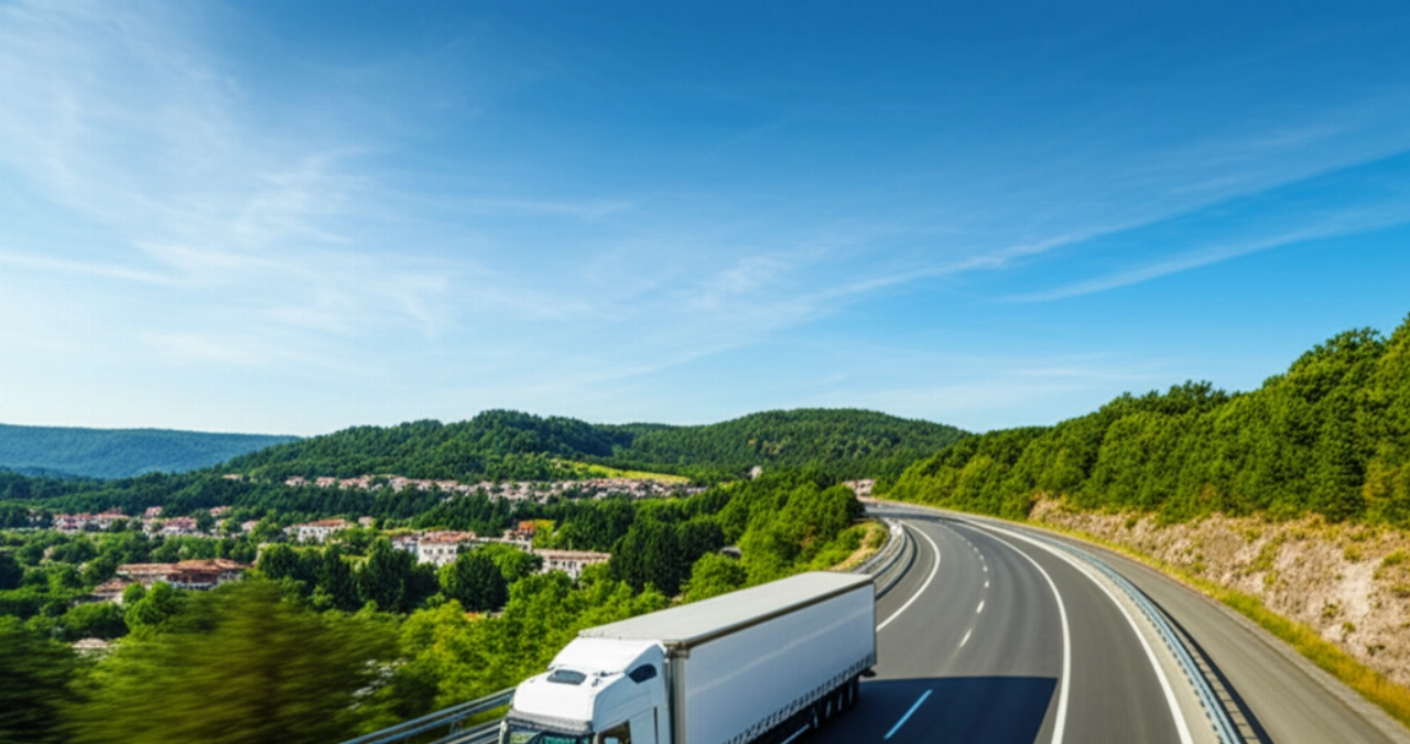 Un moderno camión de mudanzas viaja por una autopista panorámica a través de los Alpes, simbolizando el viaje de Alemania a Italia.
