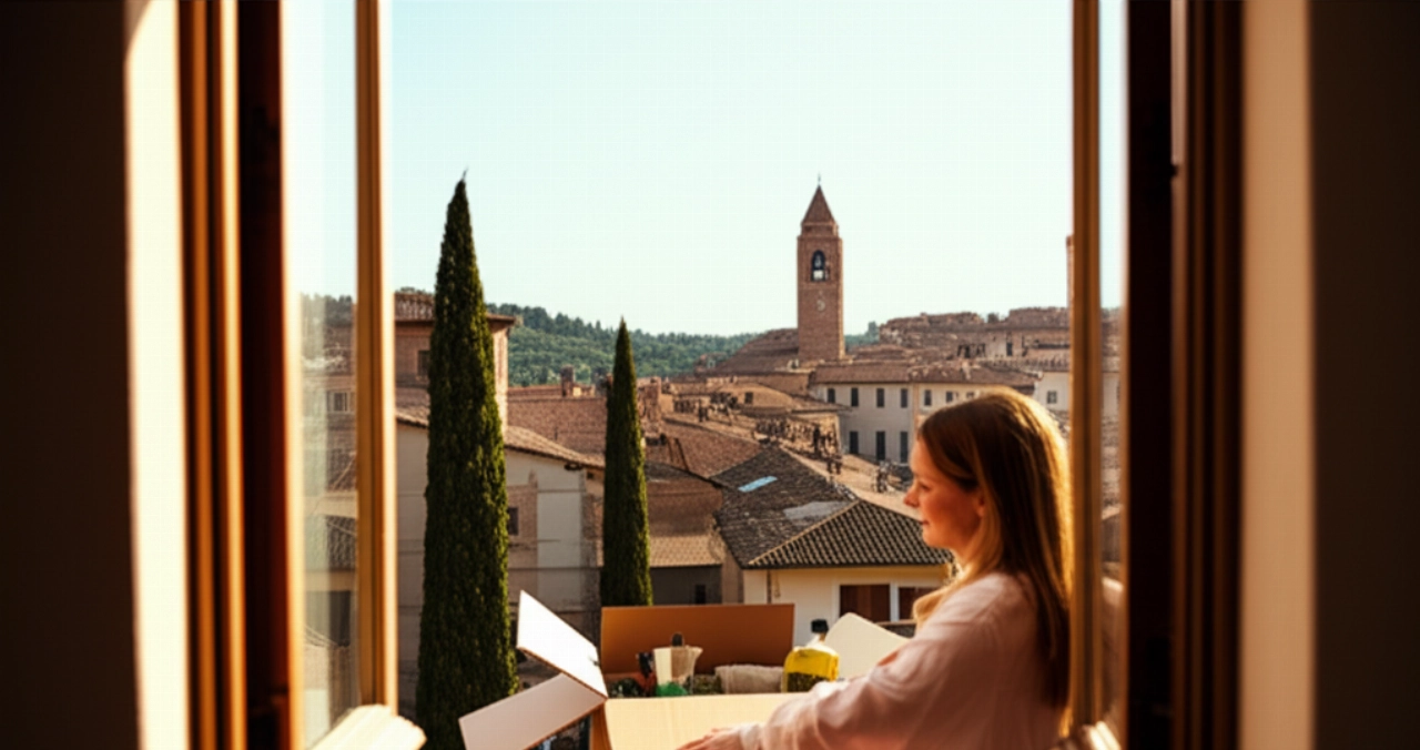 Una mujer caucásica sonríe mientras desempaca cajas en un soleado apartamento italiano, con una vista pintoresca de un pueblo italiano desde la ventana.