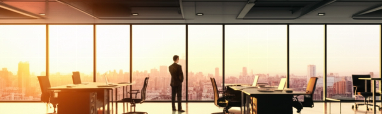 Oficina moderna e impecable recién instalada, con grandes ventanales que dan a un horizonte urbano, un ejecutivo caucásico observa el panorama.