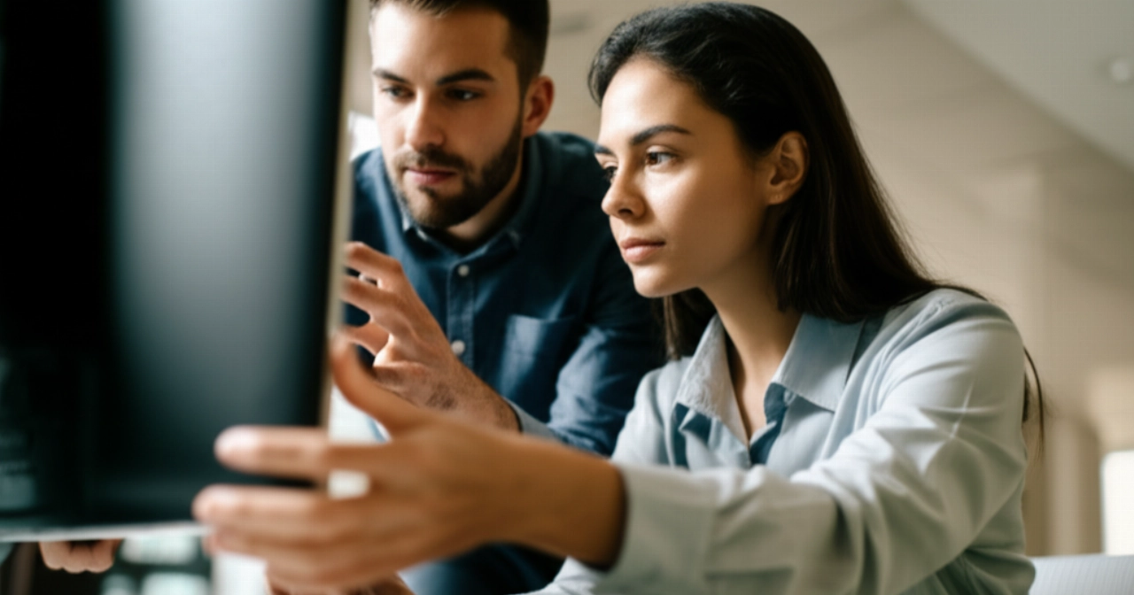 Dos colegas caucásicos colaboran atentamente, desempacando e instalando un monitor en un nuevo escritorio en una oficina moderna.