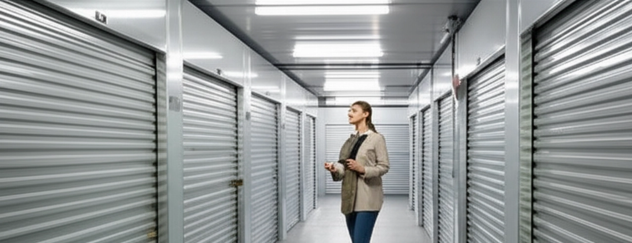Interior de un moderno depósito de autoalmacenamiento, con filas de unidades iluminadas y seguras. Una persona caucásica de pie en el pasillo, con una llave en la mano, lista para acceder a su unidad.