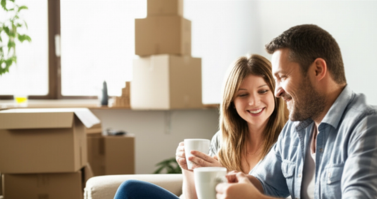 Una pareja caucásica se relaja en un sofá en una luminosa sala de estar, con cajas de mudanza parcialmente abiertas al fondo, simbolizando un nuevo comienzo después de una mudanza.