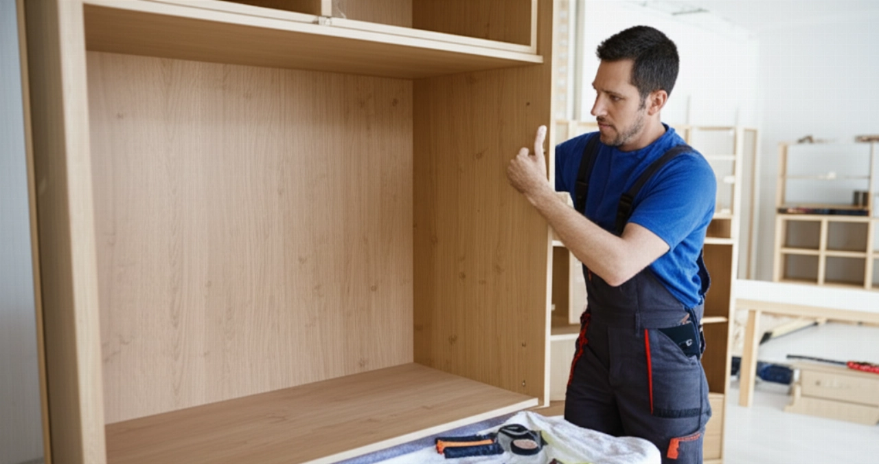 Un técnico caucásico ensambla con precisión un armario moderno en una habitación luminosa, destacando competencia y atención al detalle.