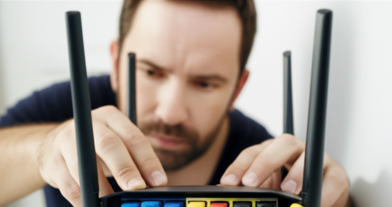 Primer plano hiperrealista de un hombre caucásico conectando un router de internet en un nuevo apartamento.
