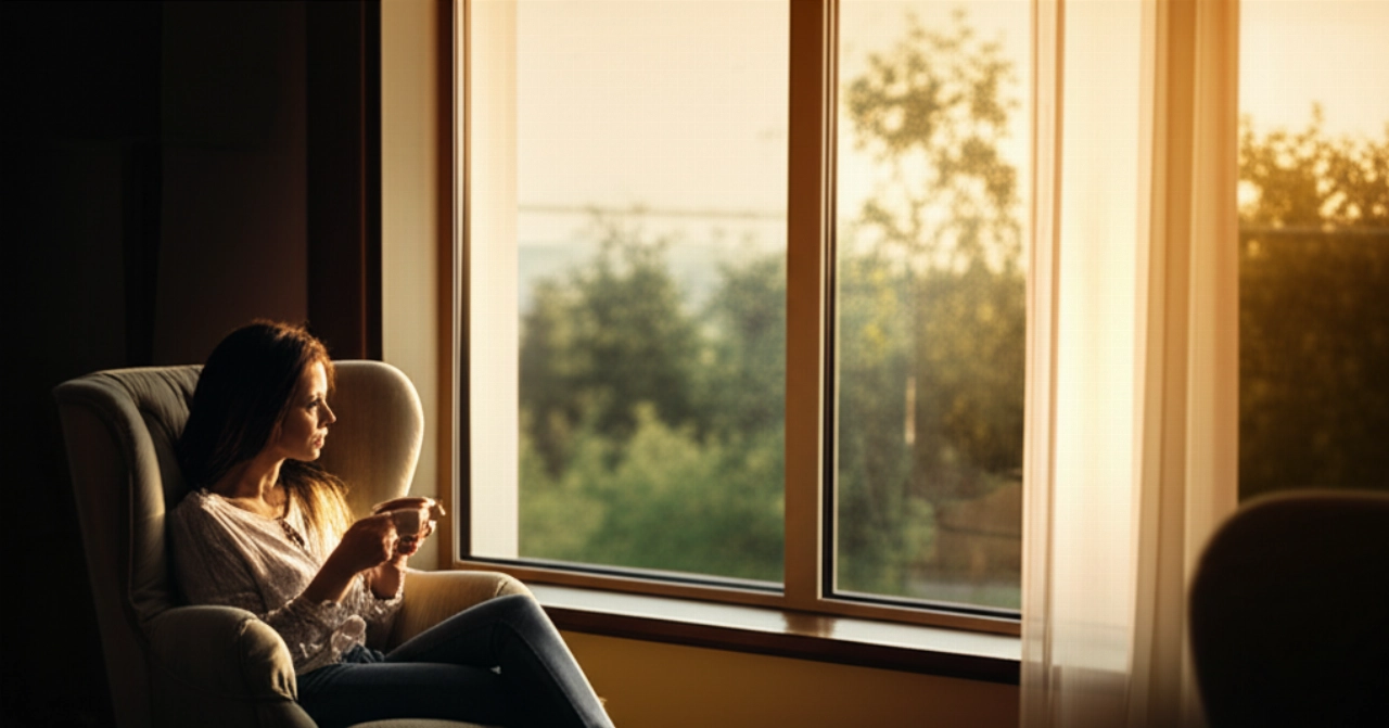 Una mujer caucásica relajada sentada en un sillón en una nueva casa bellamente amueblada y soleada, con una taza de café.