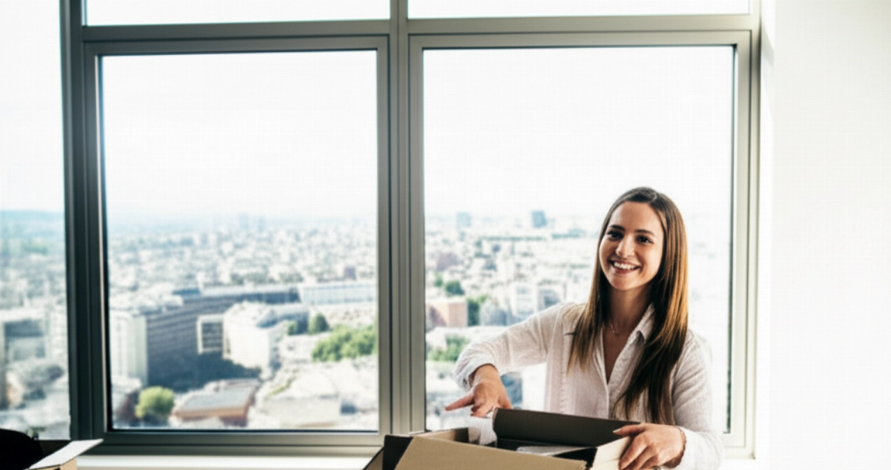Mujer caucásica feliz desempacando en un nuevo apartamento luminoso, con vista panorámica a una ciudad europea, después de una mudanza internacional.