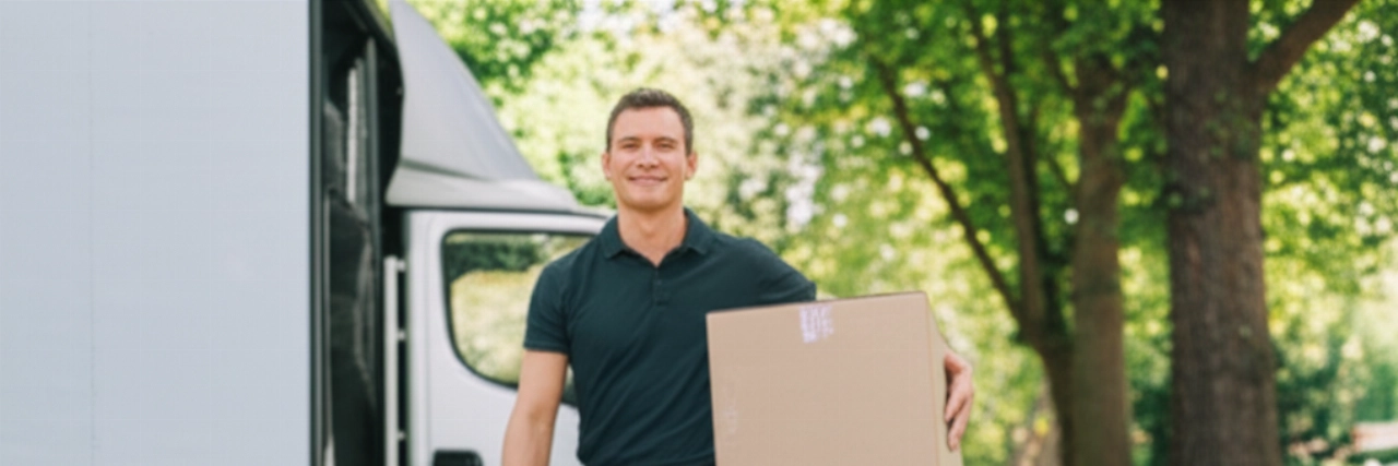 Un hombre caucásico sonriente y profesional transporta sin esfuerzo una caja de mudanza bien embalada hacia un camión moderno, ilustrando un transporte eficiente y sin estrés.