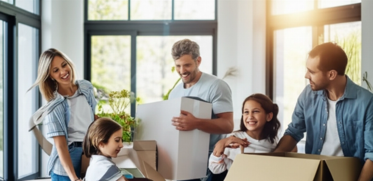Una familia caucásica feliz y sonriente desempaca con alegría algunas cajas ligeras en su nuevo hogar luminoso y espacioso, simbolizando un comienzo sereno y positivo.