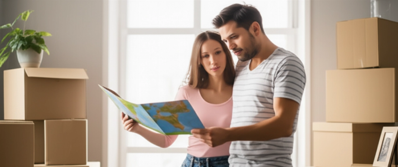 Una pareja caucásica en una habitación llena de cajas de mudanza, con la mujer señalando un mapa de Francia e Italia, simbolizando una mudanza internacional.