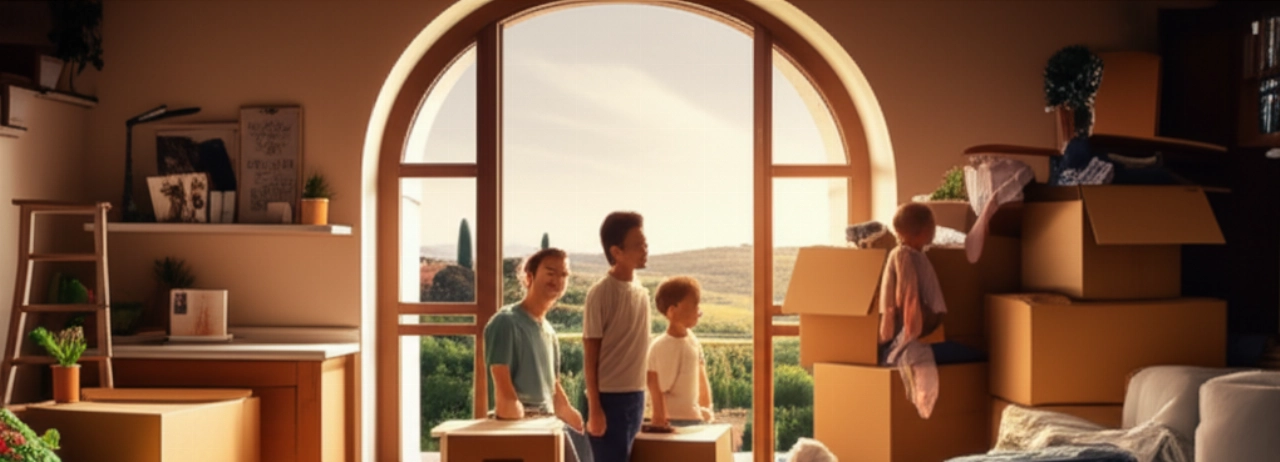 Una familia caucásica sonriente desempacando cajas en su nuevo hogar en Italia, con una vista panorámica del paisaje italiano.