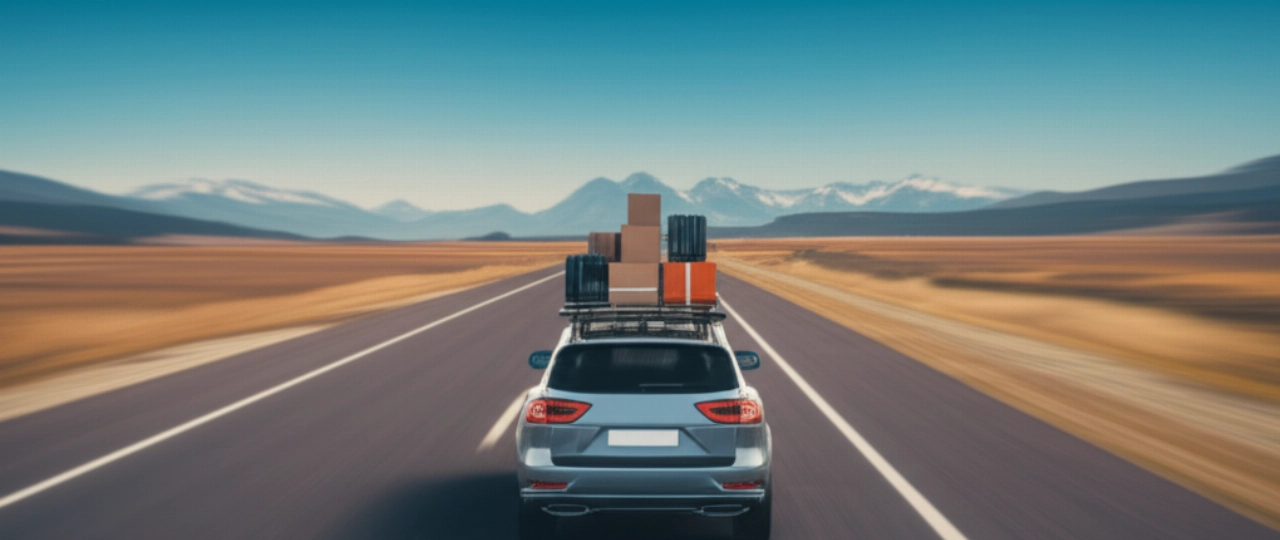 Un coche cargado con cajas y equipaje viaja por una autopista a través de un vasto paisaje, simbolizando una mudanza de larga distancia fuera de la región.