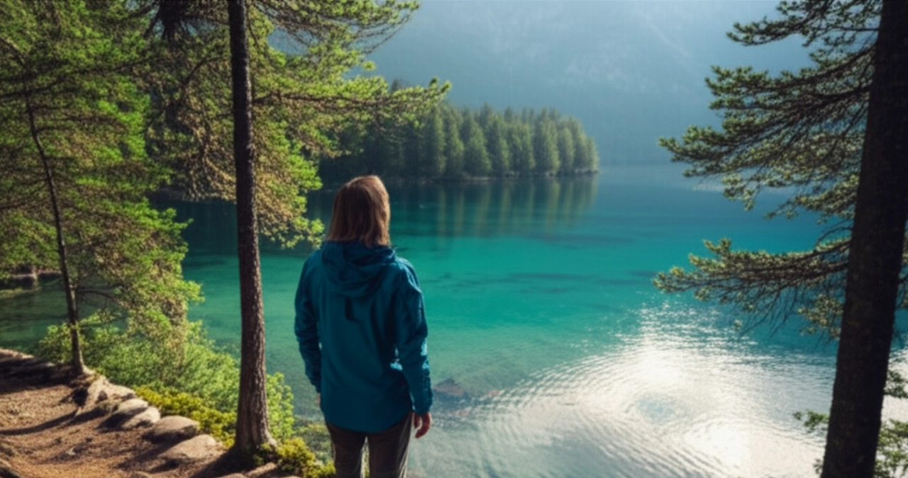 Una persona caucásica con ropa de senderismo admira un sereno lago noruego rodeado de bosques y montañas.