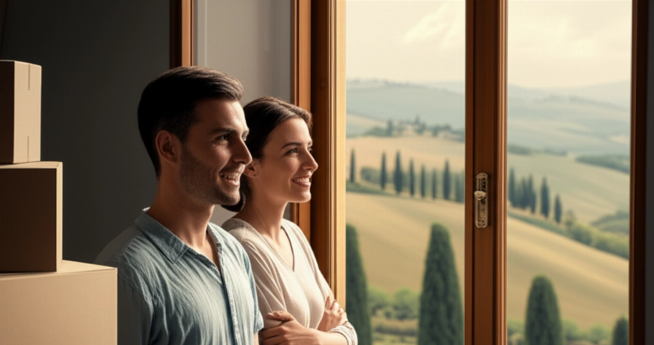Una feliz pareja caucásica sonríe mirando por la ventana de su nuevo apartamento italiano, con cajas de mudanza al fondo y un paisaje campestre. La imagen evoca la alegría de un nuevo comienzo.