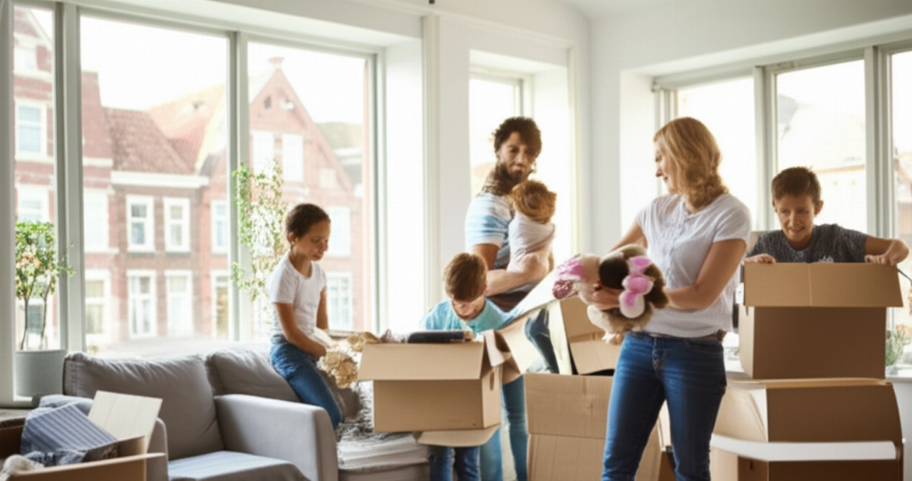 Familia caucásica feliz desempacando cajas en su nuevo y luminoso hogar en Bélgica.