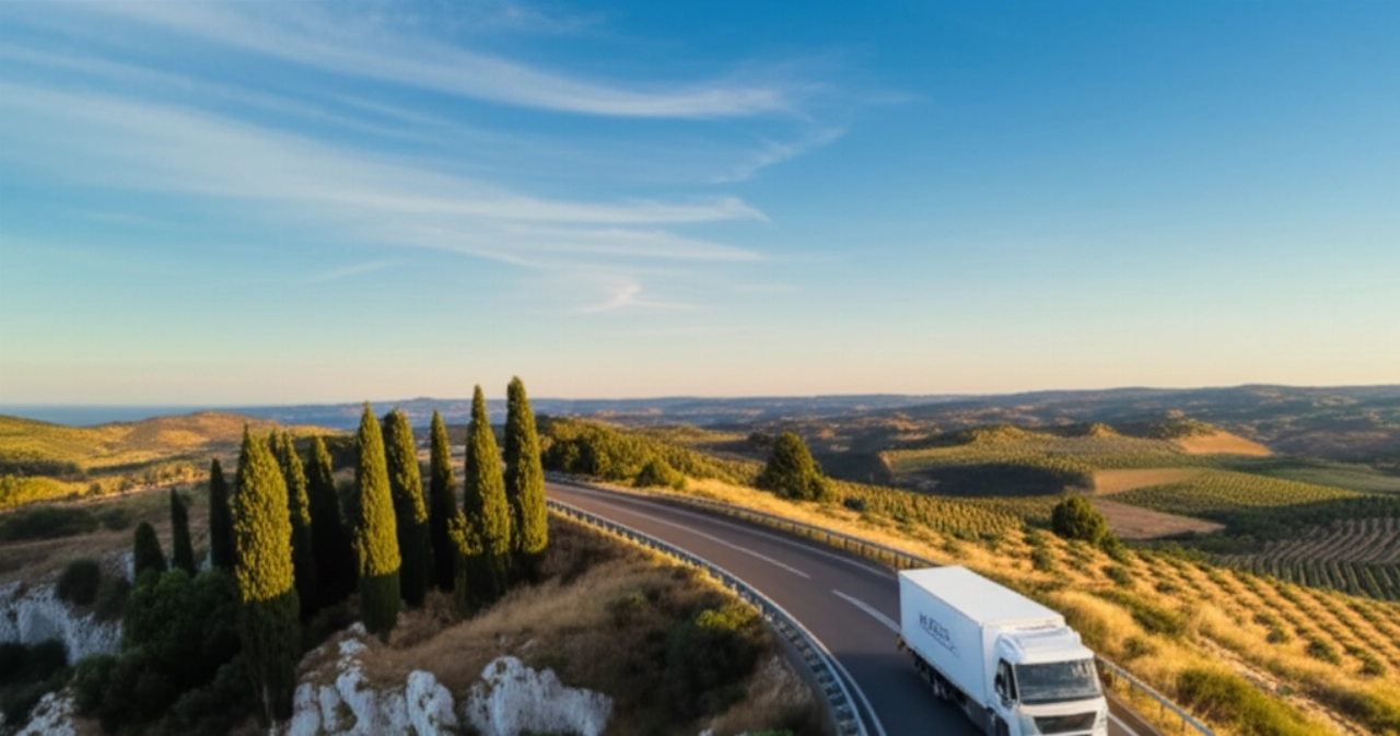 Camión de mudanzas blanco circulando por una pintoresca autopista costera, con el paisaje transitando de los acantilados italianos a las colinas españolas.