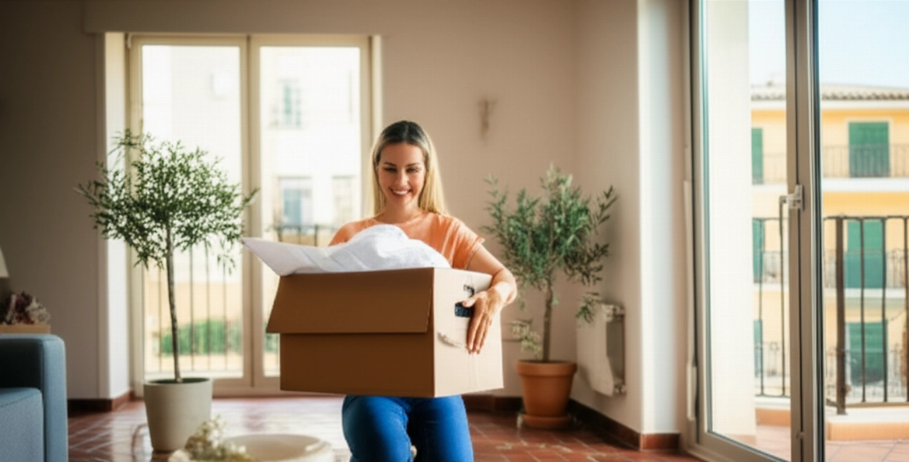 Mujer caucásica sonriente desempacando una caja de mudanza en una sala de estar española luminosa y moderna, rodeada de objetos que sugieren un nuevo hogar.