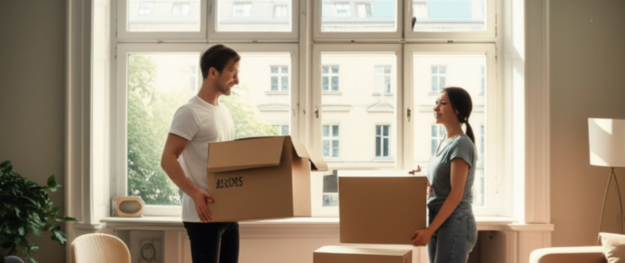 Una pareja caucásica sonríe mientras desempaca cajas en un luminoso apartamento moderno en Berlín, con vistas a la ciudad.
