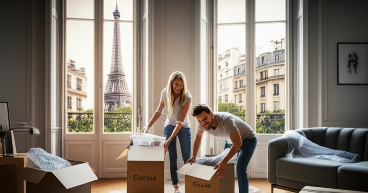 Pareja caucásica desempacando en un elegante apartamento parisino con vistas a la Torre Eiffel, simbolizando un nuevo comienzo.