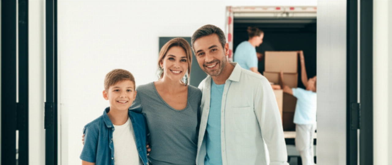 Una familia caucásica sonriente se encuentra en el umbral de su nueva y luminosa casa, con cajas siendo descargadas por mudanceros profesionales al fondo, lo que simboliza un nuevo comienzo.