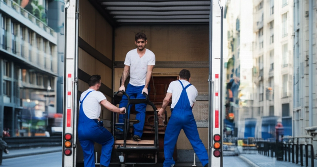 Un equipo de tres mudanceros caucásicos carga un pesado piano vertical en un camión utilizando equipo especializado en una calle urbana.