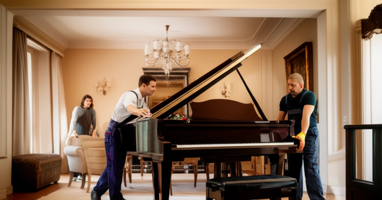 Un magnífico piano de cola se coloca con cuidado en una espaciosa sala de estar de una casa nueva, con un mudancero caucásico realizando el último ajuste.