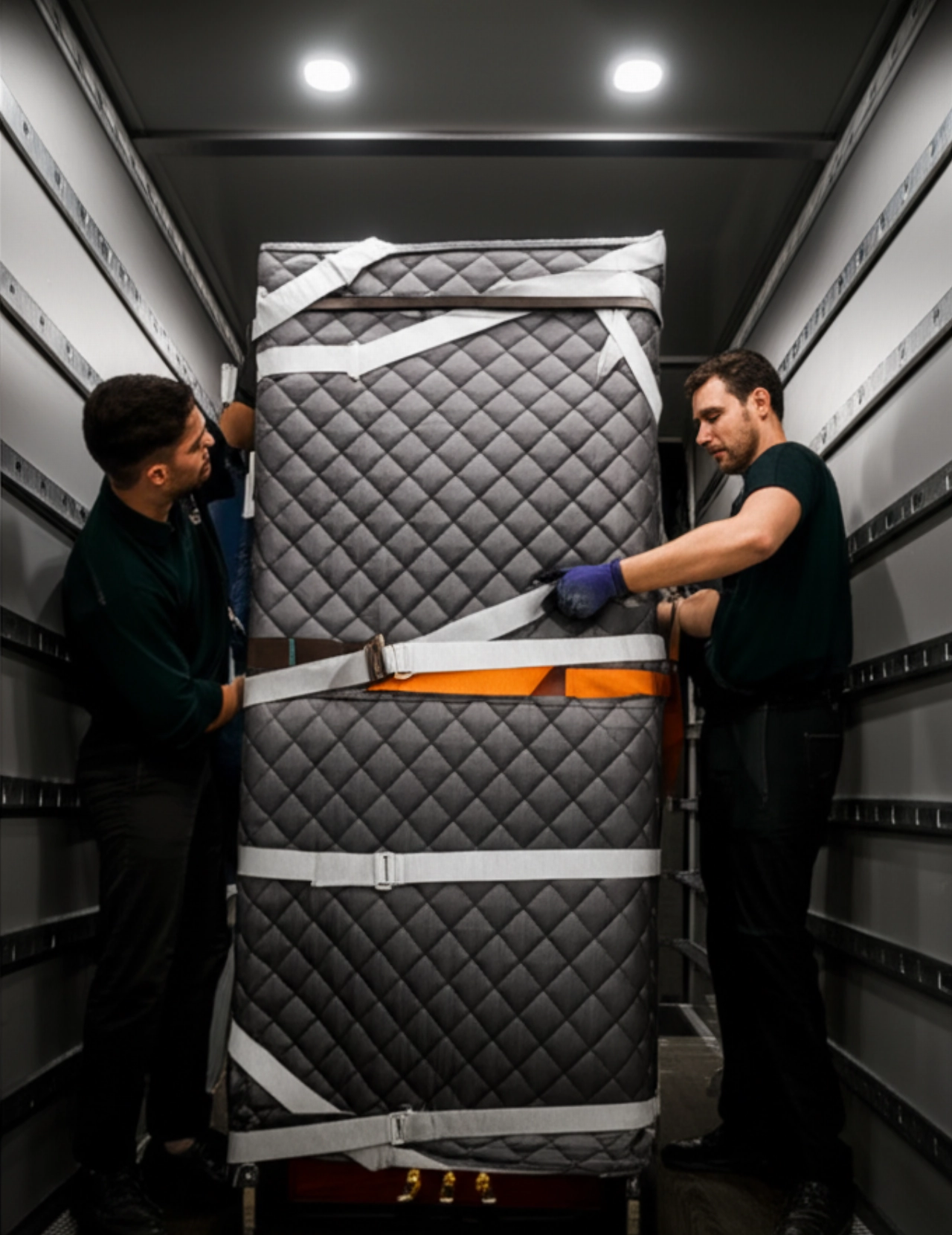 Un piano vertical, envuelto en mantas protectoras y asegurado con correas, dentro de un camión especializado, con un mudancero caucásico que verifica su seguridad.