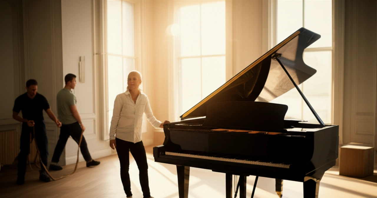 Un piano de cola recién colocado en un elegante salón, con un propietario caucásico que lo admira satisfecho, simbolizando el éxito de una mudanza compleja.