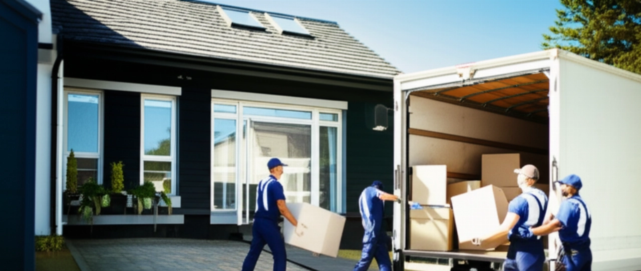 Mudanceros profesionales caucásicos cargando cuidadosamente cajas y muebles en un camión de mudanza limpio, bajo un sol brillante, simbolizando un servicio eficiente y sereno.