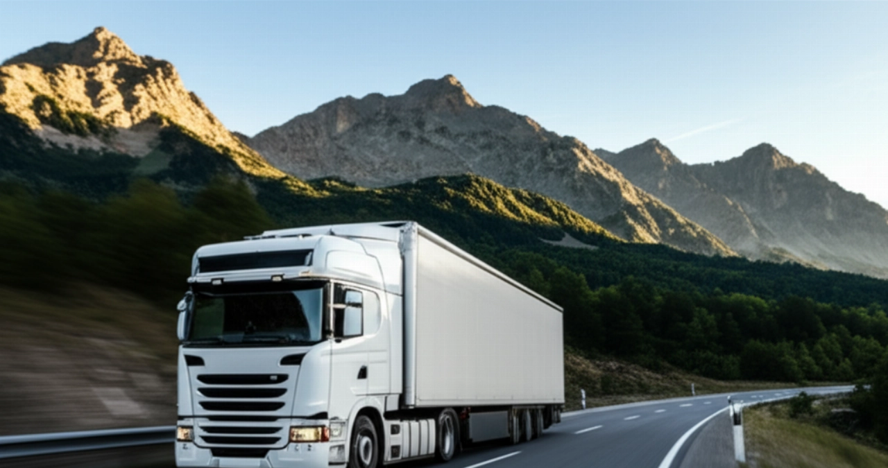 Un camión de mudanzas blanco viaja por una autopista europea entre montañas majestuosas, simbolizando el viaje España-Italia.
