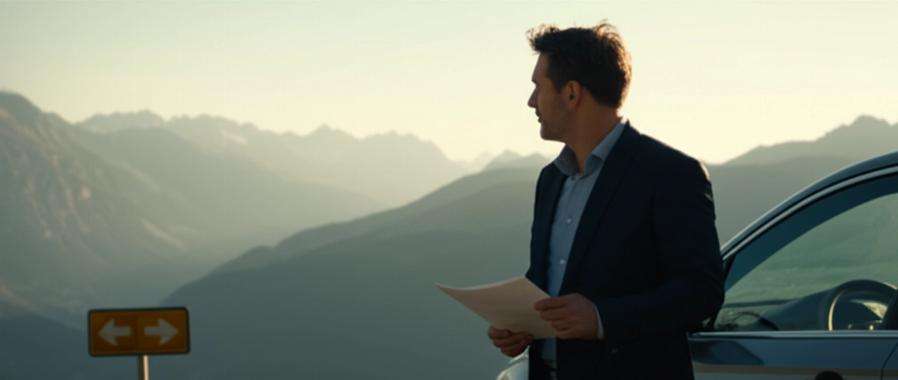 Hombre caucásico de pie con documentos, frente a un paisaje alpino que sugiere una frontera entre Suiza e Italia.