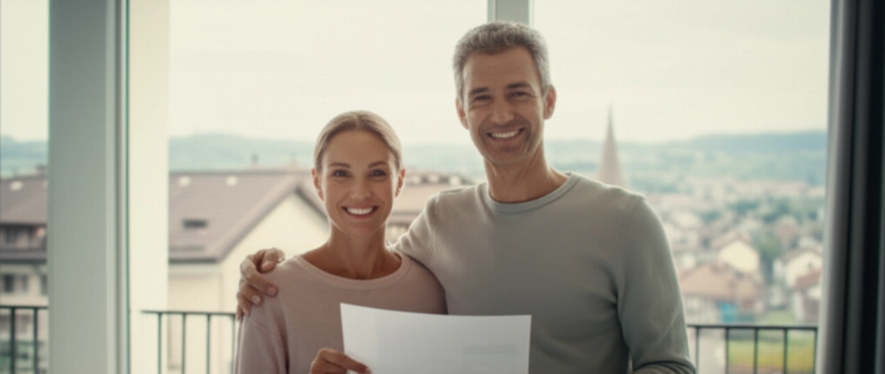 Pareja caucásica sonriente y relajada en una nueva casa, con documentos en la mano, después de una mudanza exitosa.