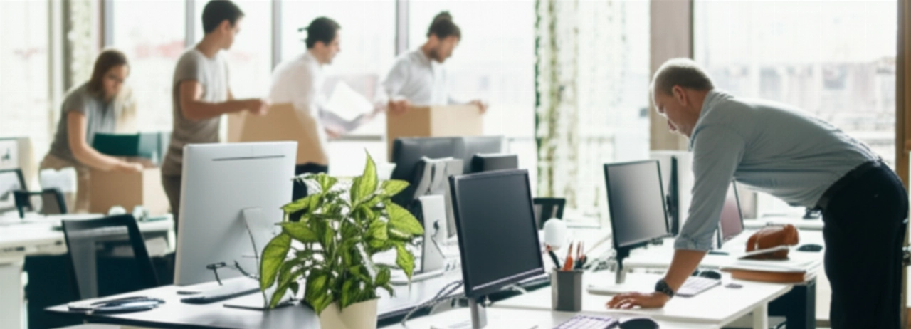 Imagen hiperrealista de una nueva oficina moderna y luminosa, con empleados caucásicos desempacando las últimas cajas y organizando las estaciones de trabajo, simbolizando un nuevo comienzo.