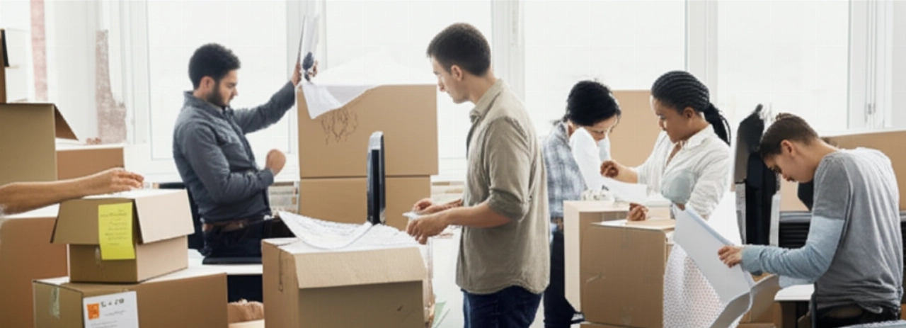 Empleados caucásicos ocupados empacando cajas y equipos de oficina durante una mudanza.