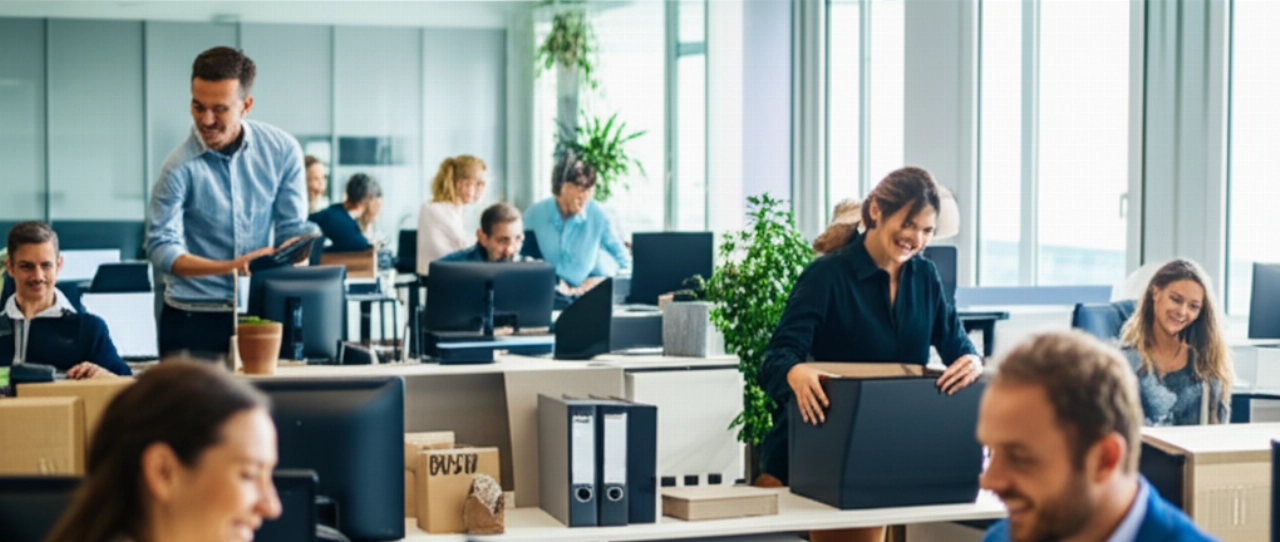 Nueva oficina moderna con empleados caucásicos instalándose y trabajando en sus puestos después de una reubicación.