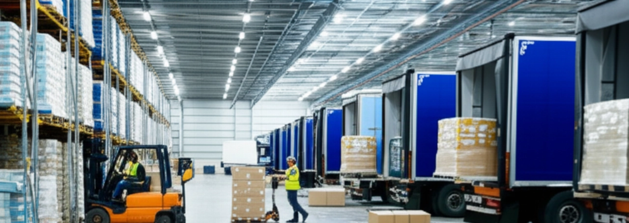 Interior hiperrealista de un moderno centro logístico en la frontera italo-suiza, con trabajadores caucásicos moviendo mercancías y camiones en proceso de carga/descarga.