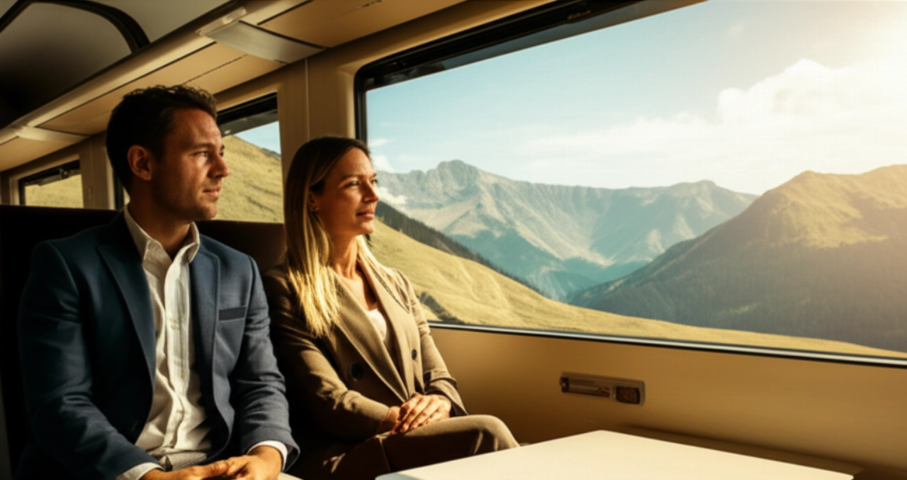 Pasajeros caucásicos en un moderno tren alpino, admirando el paisaje montañoso a través de una gran ventana, con una atmósfera lujosa y confortable.