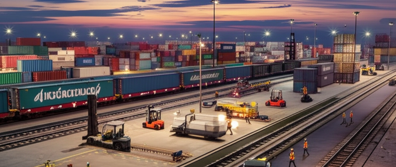 Gran centro logístico nacional con trenes de carga y contenedores al anochecer.