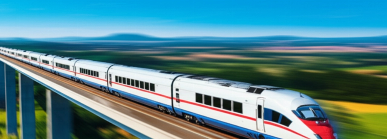 Tren futurista de alta velocidad cruzando un viaducto, atravesando un paisaje europeo verde y exuberante bajo un cielo sereno.