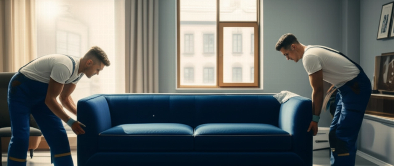 Dos mudanceros caucásicos colocan con cuidado un nuevo sofá de terciopelo azul oscuro en una sala de estar amplia, moderna y luminosa.
